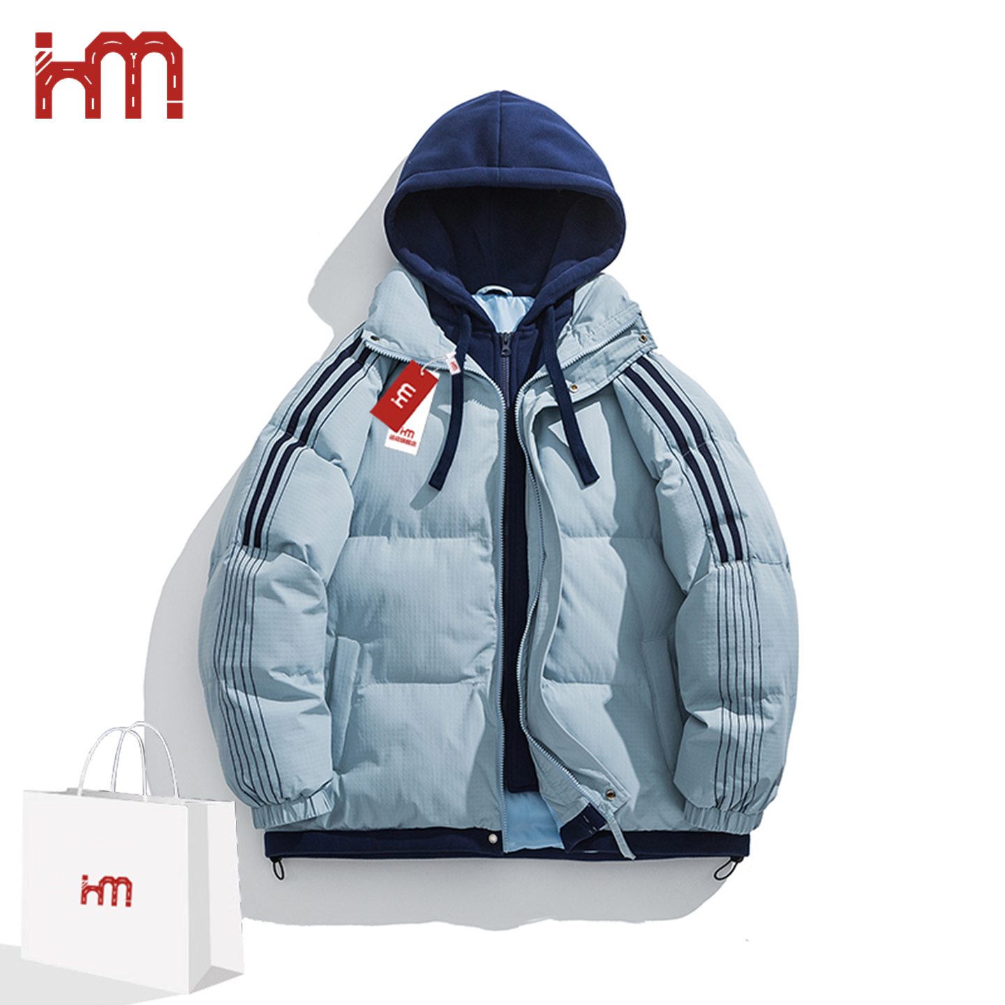 HM运动旗舰店2024新款羽绒服潮流色系假两件情侣款连帽羽绒棉服