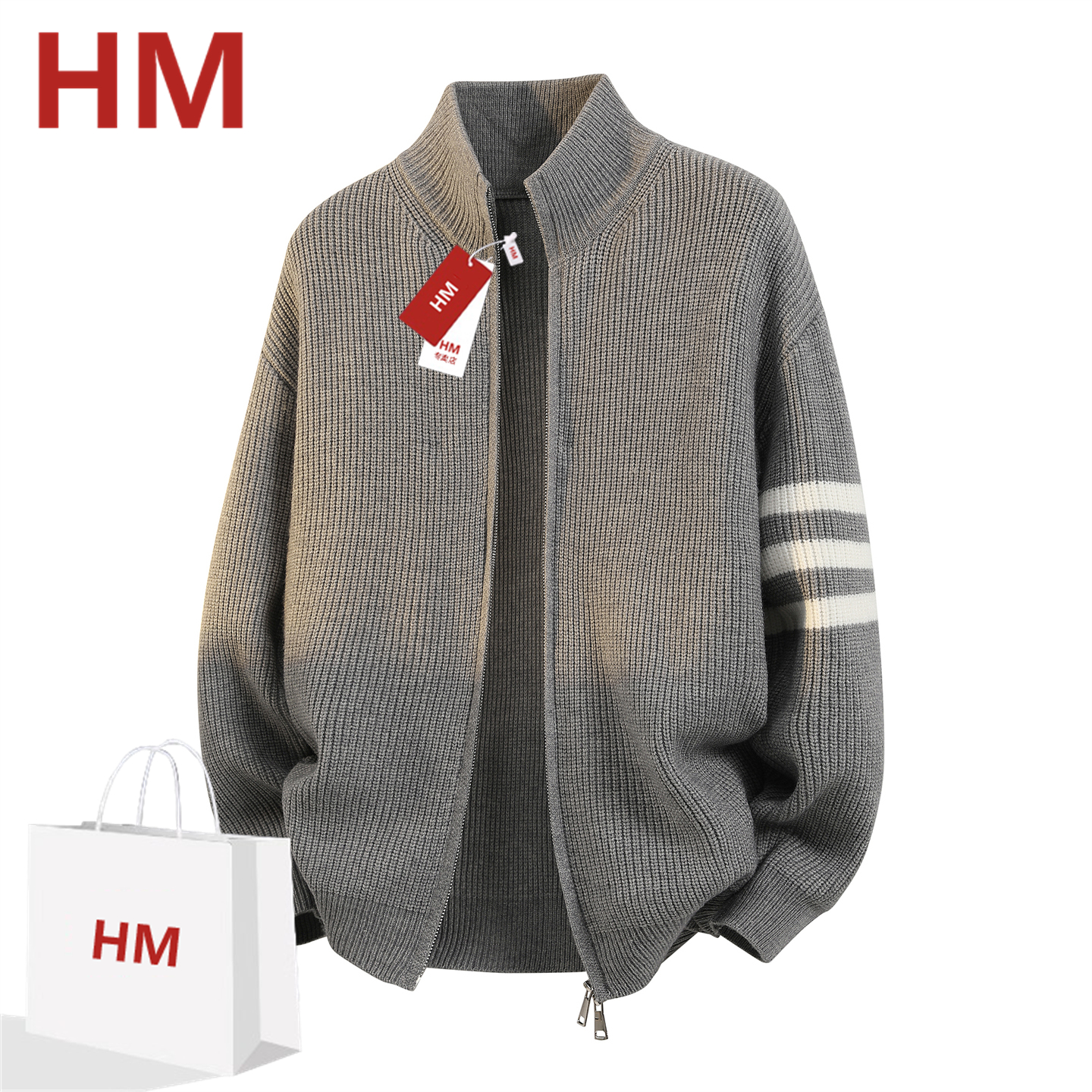 HM秋冬季新款开衫毛衣男美式复古休闲慵懒风立领针织衫纯色外套