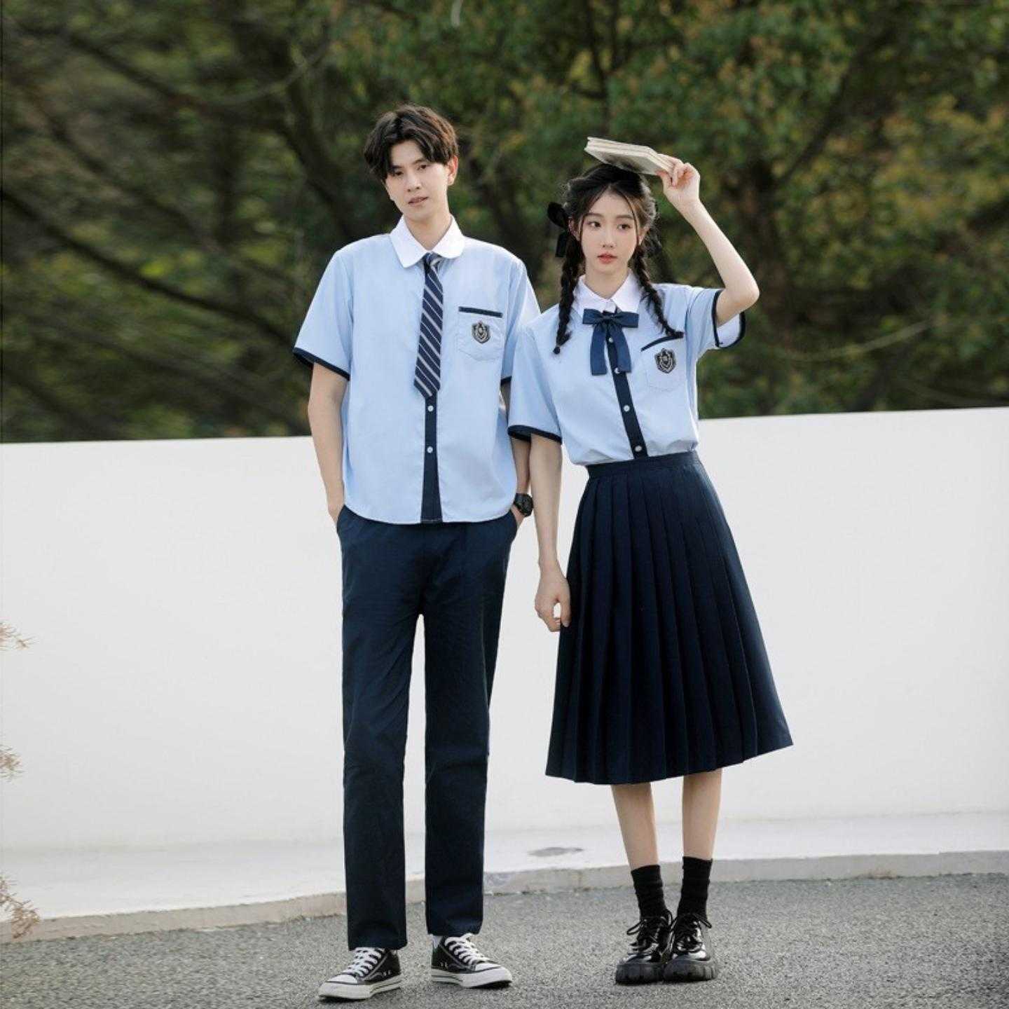 夏季学生毕业照短袖衬衫班服套装