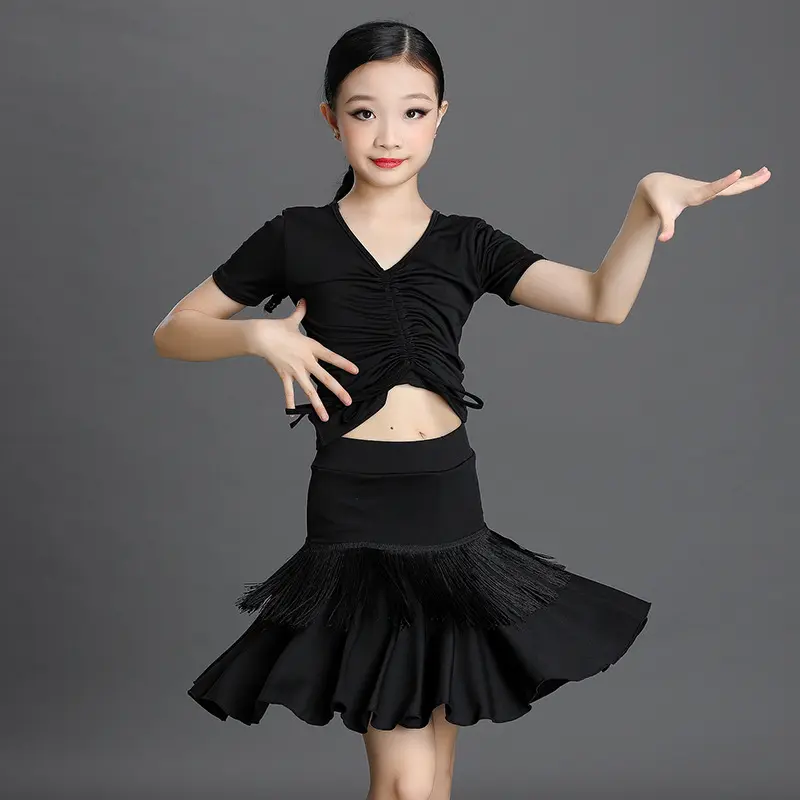 拉丁舞服装儿童新款女孩长袖流苏
