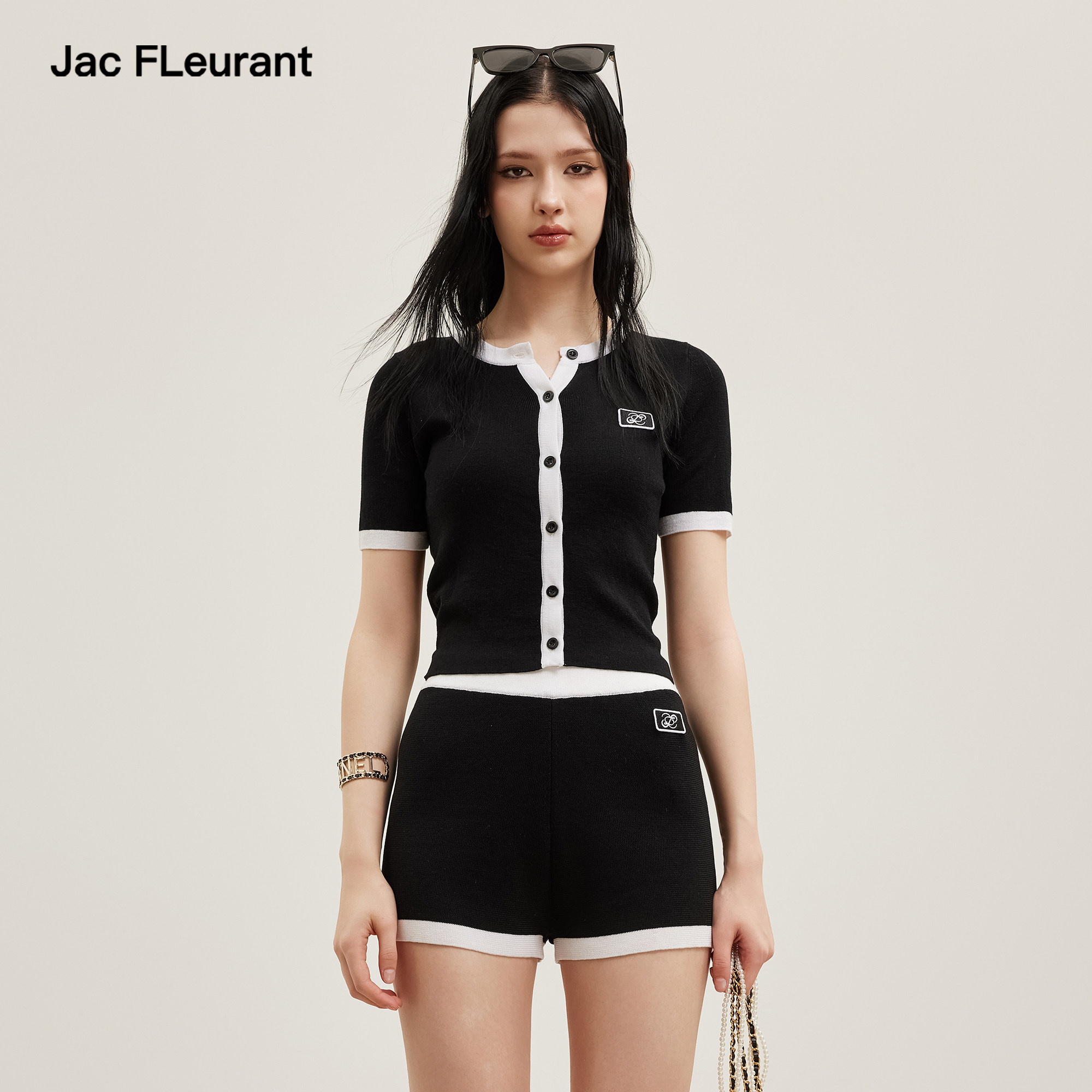 JAC FLEURANT2026春夏新品法式黑白拼色针织短袖上衣针织短裤