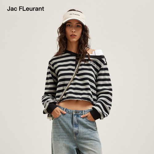 JAC FLEURANT2026春夏新款衬衣领拼接复古条纹卫衣女士宽松上衣