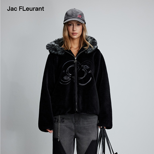 JAC 摇粒绒刺绣Logo拼毛连帽宽松休闲外套 FLEURANT2025秋冬新款