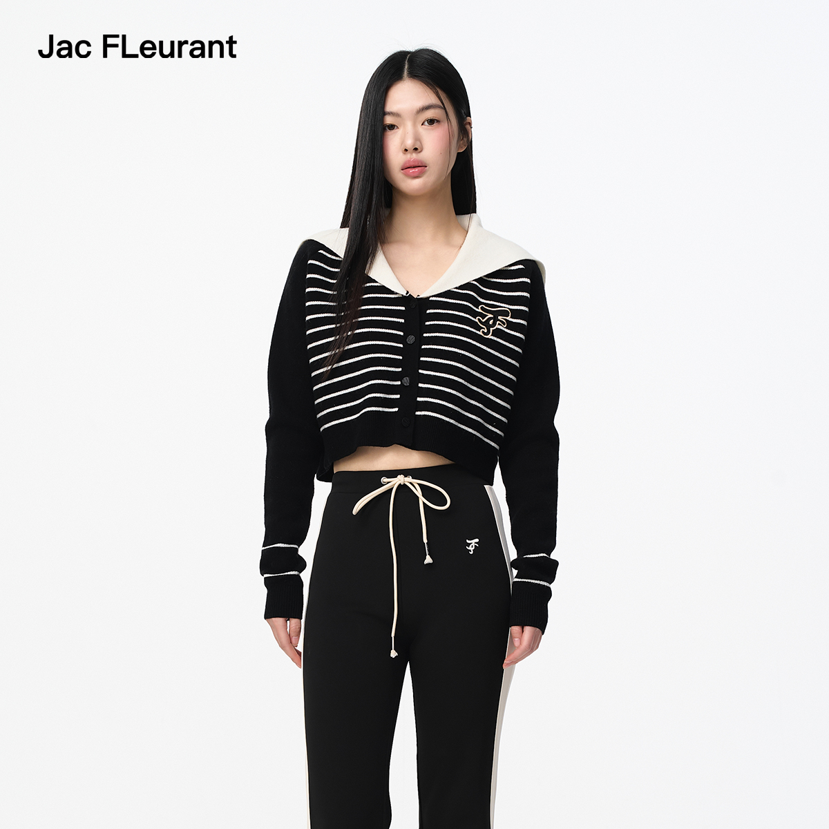 JAC FLEURANT2025秋季新品黑色条纹翻领针织刺绣Logo休闲上衣