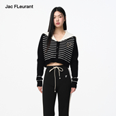 新品 JAC FLEURANT秋季 黑色条纹翻领针织刺绣Logo休闲上衣