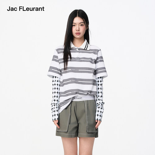 【祝绪丹同款】JAC FLEURANT新款T恤女条纹假两件长袖上衣