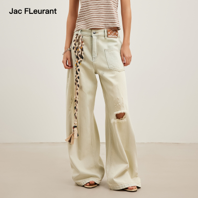 JAC FLEURANT2026夏季新款浅蓝色背后拼接复古做旧女阔腿牛仔裤