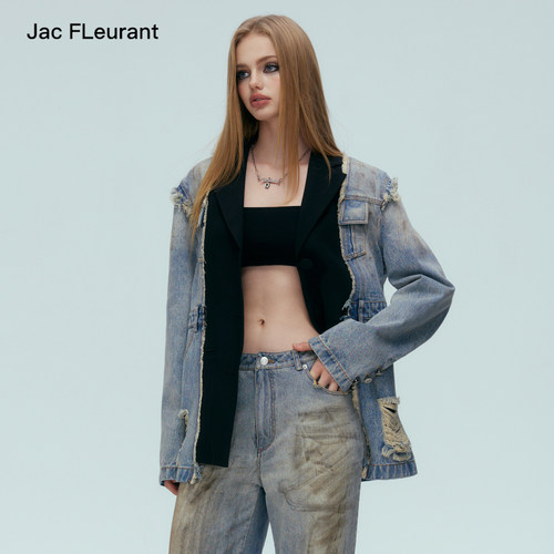 拼接牛仔西服做旧脏洗