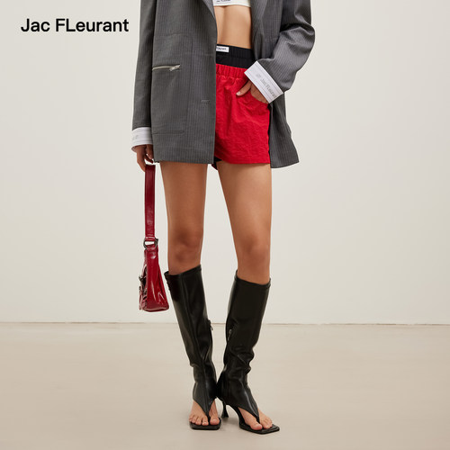 JAC FLEURANT2026夏季新品假两件红色拼色黑色拼皮休闲短裤