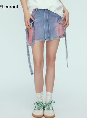 JAC FLEURANT【辣目洋子同款】蓝色水洗喷粉色绑带工装风牛仔短裙