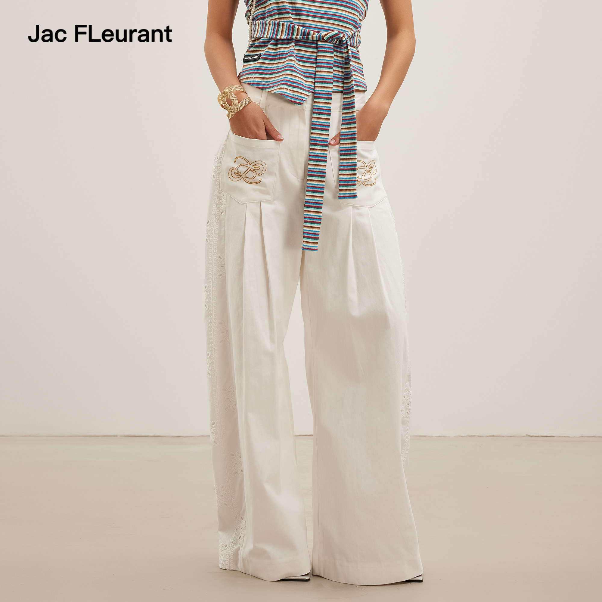JAC FLEURANT2026夏季新款侧边镂空刺绣白色弯刀裤拼接阔腿女裤