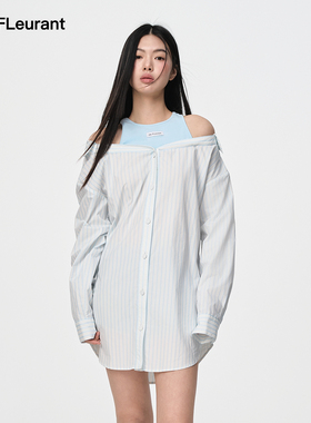 JAC FLEURANT秋季新款连衣裙女蓝色条纹假两件露肩衬衣裙休闲