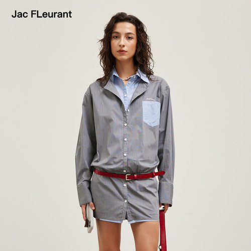 JAC FLEURANT2026春夏新品拼色假两件条纹衬衣收腰连衣裙女士