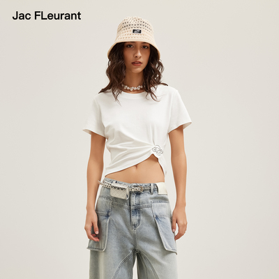 JAC FLEURANT2026春夏新品立体刺绣LOGO褶皱收腰短袖T恤条纹白色