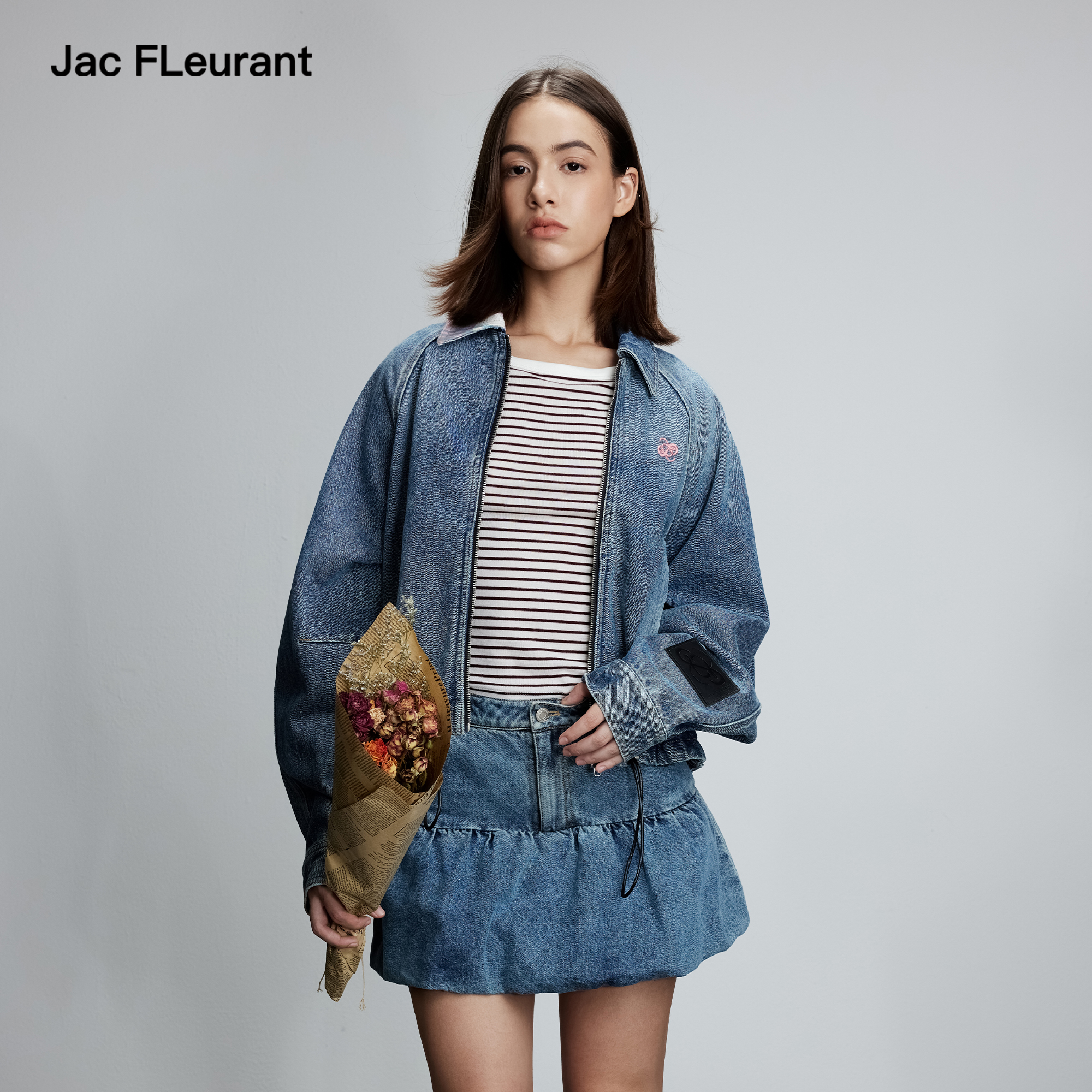 JAC FLEURANT2025秋冬新品不对称格纹领水洗牛仔外套简约休闲百搭