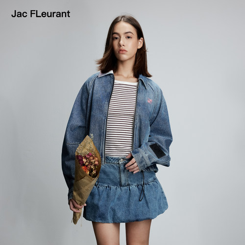 JAC FLEURANT秋冬新品不对称格纹领水洗牛仔外套简约休闲百搭