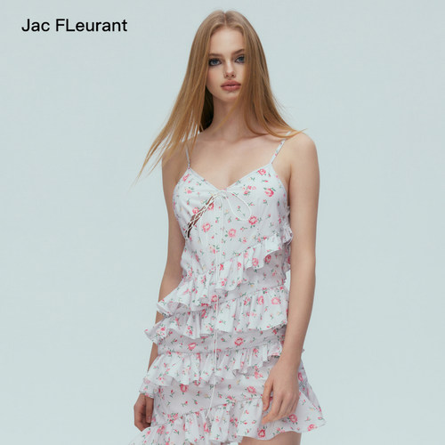 JAC FLEURANT碎花花卉印花吊带百褶气质绑带收腰连衣裙