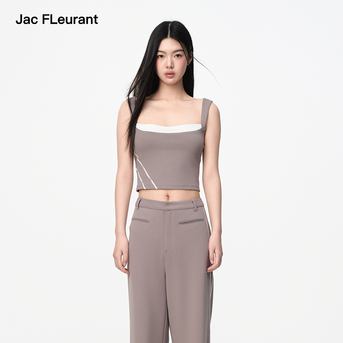 JAC FLEURANT2025春夏新品灰白拼接织带背心灰色弹力运动裤套装