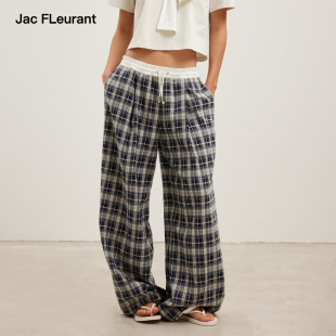 女宽松阔腿裤 JAC 腰头拼接复古格纹休闲裤 丞磊同款 FLEURANT