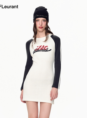 JAC FLEURANT新款黑白插肩袖LOGO针织修身弹力显瘦连衣裙