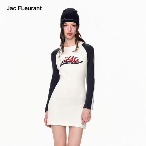 JAC FLEURANT新款黑白插肩袖LOGO针织修身弹力显瘦连衣裙