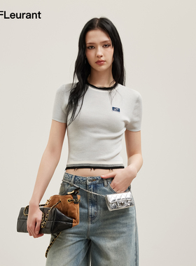 JAC FLEURANT2026春夏新品徽章LOGO拼色下摆毛边针织短袖圆领T恤