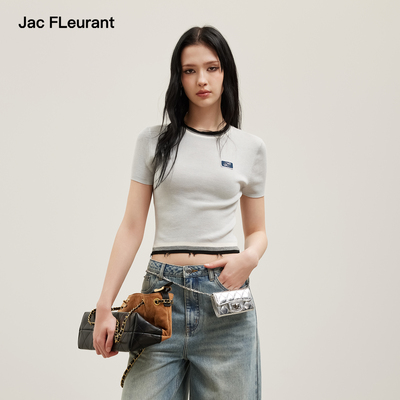 JAC FLEURANT2026春夏新品徽章LOGO拼色下摆毛边针织短袖圆领T恤
