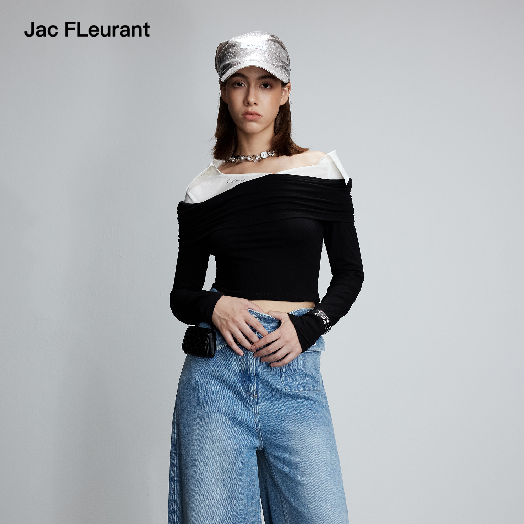 JAC FLEURANT2025秋冬新品衬衣领拼接斜肩上衣百搭简约长袖T恤