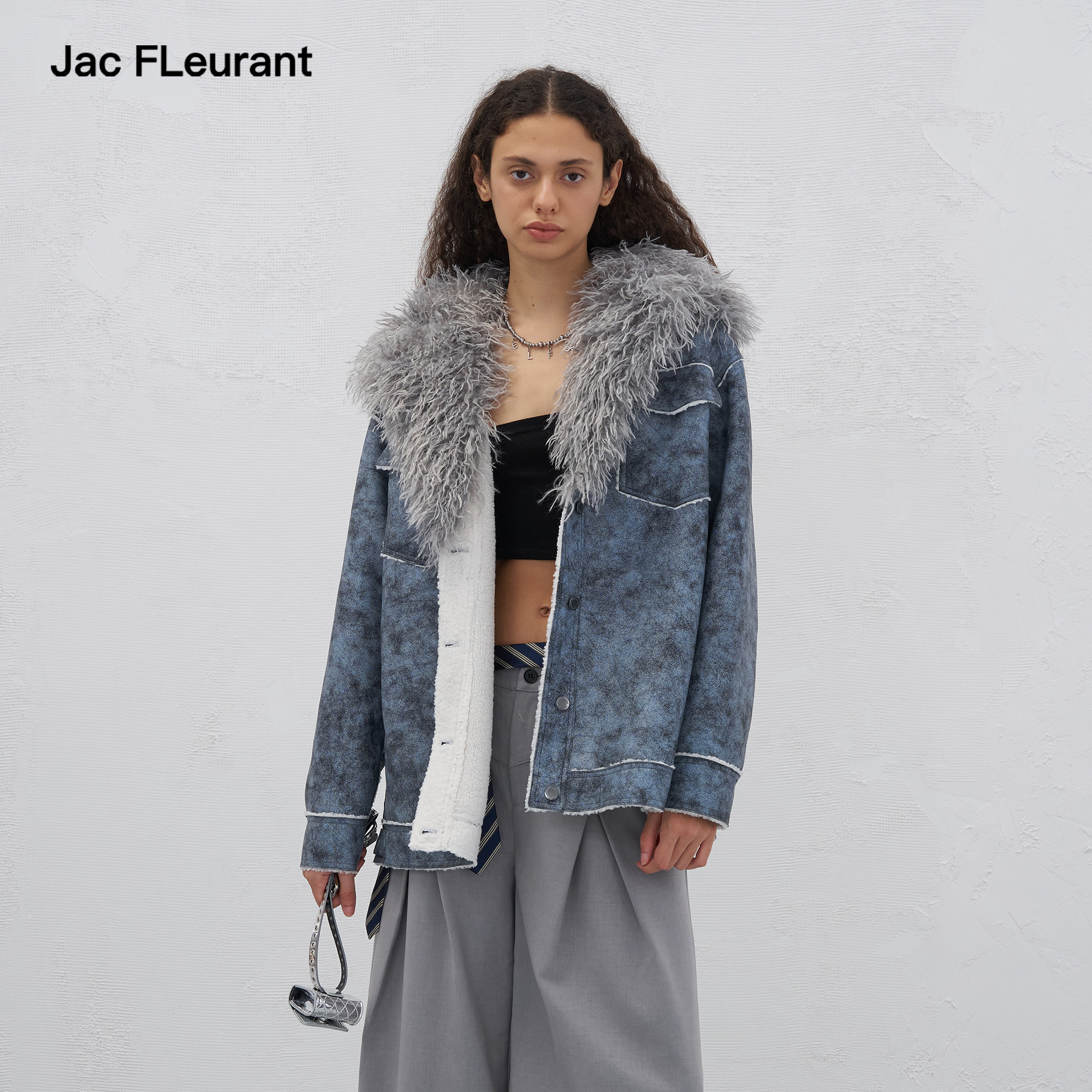 JAC FLEURANT秋冬新品牛仔肌理pu羊羔毛外套时尚女士冬装