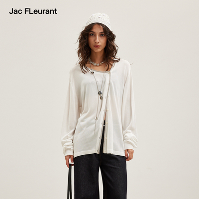 JAC FLEURANT2026春夏新品银色串珠饰边不对称天丝醋酸针织开衫