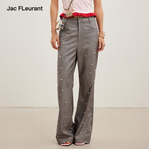 JAC FLEURANT2026夏季新款灰色烫钻钉珠微喇西裤女士休闲喇叭裤