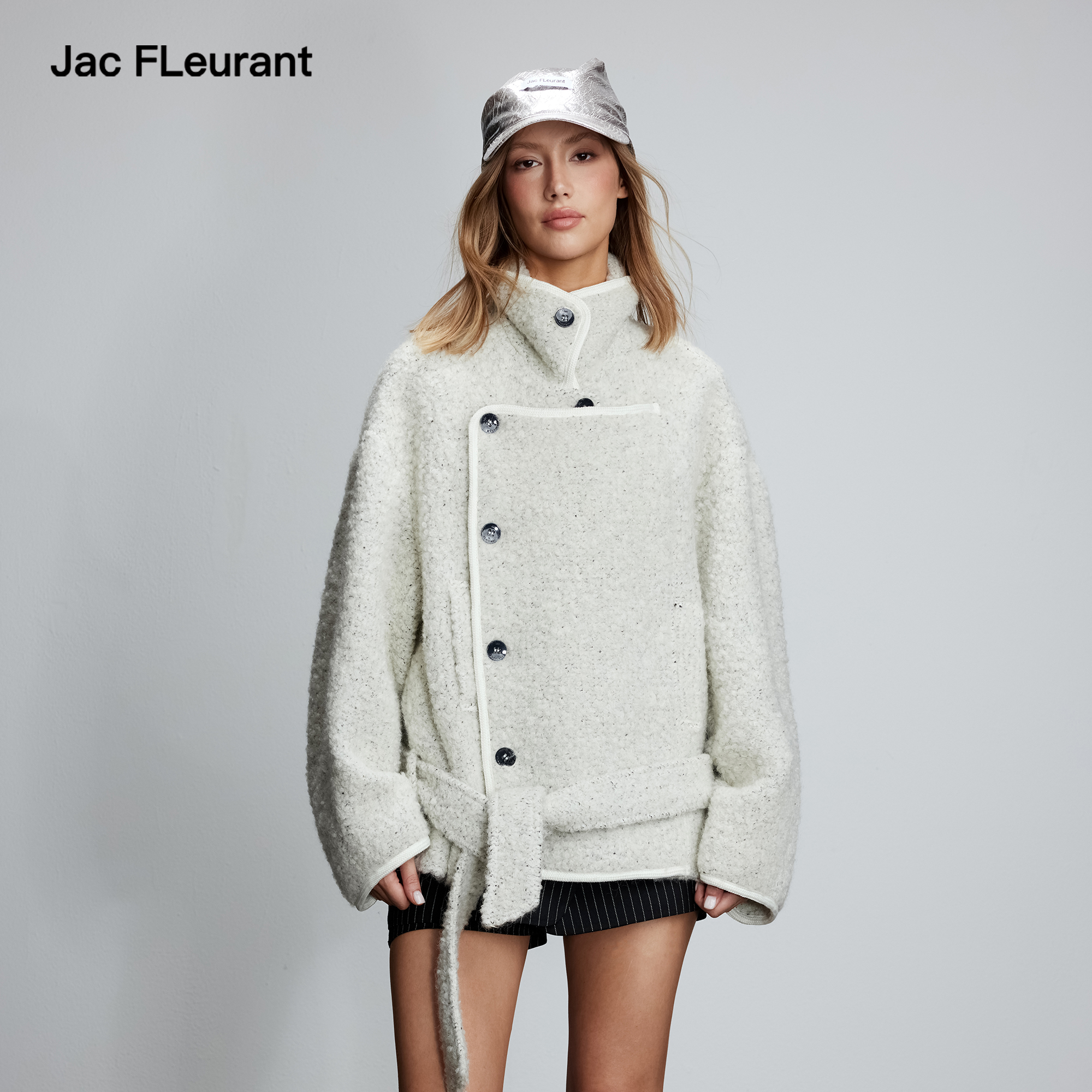 JAC FLEURANT2025秋冬新款羊毛羊驼毛短款廓形绑带大衣女士外套