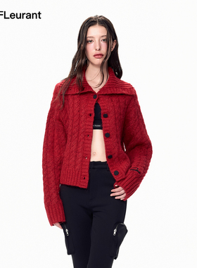 JAC FLEURANT【2026新年限定】红色翻领针织绞花毛衣开衫女士