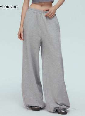 JAC FLEURANT满天星烫钻灰色休闲低腰阔腿宽松百搭运动裤