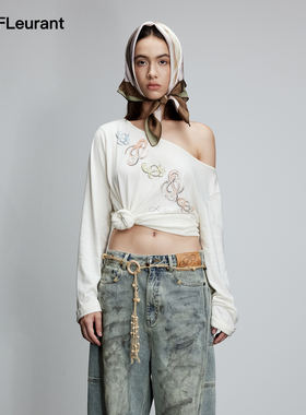 JAC FLEURANT秋季新款印花彩色LOGO慵懒斜肩长袖显瘦宽松上衣