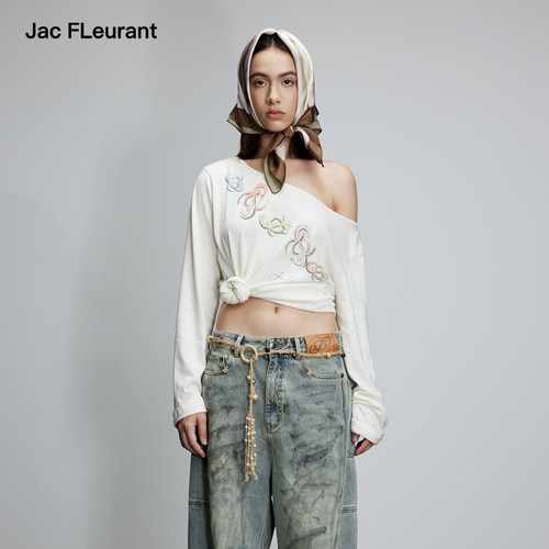 JAC FLEURANT秋季新款印花彩色LOGO慵懒斜肩长袖显瘦宽松上衣