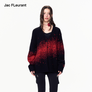 黑红渐变V领女士羊毛Logo开衫 2026新年限定 FLEURANT JAC