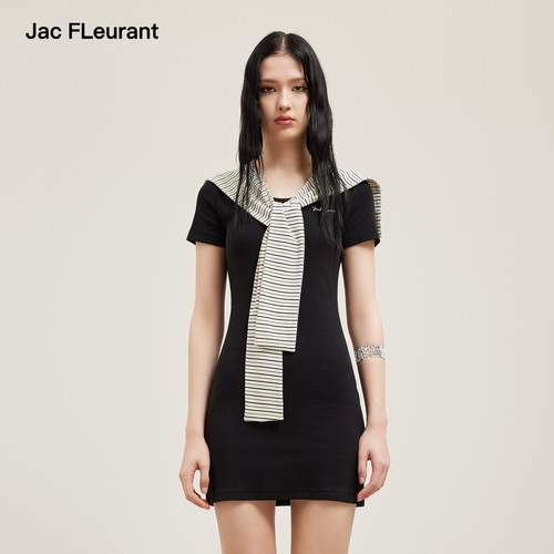 JAC FLEURANT2026春夏新款条纹针织披肩短袖连衣裙女士修身裙子