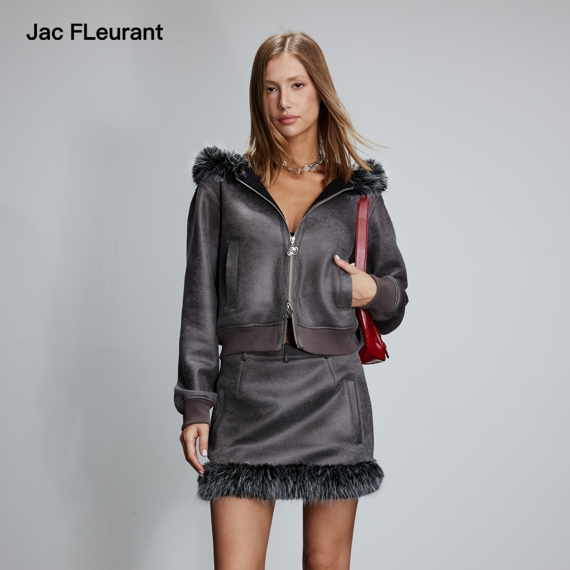 JAC FLEURANT2025秋冬新品复古连帽拼毛皮外套下摆拼毛短裙套装