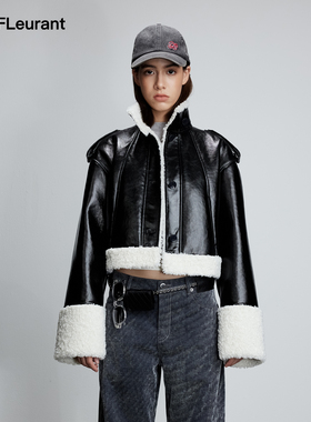 JAC FLEURANT新款黑色立领拼PU毛皮一体外套女时尚百搭女冬装