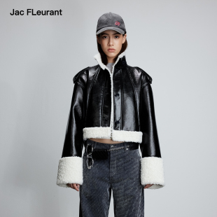 百搭女冬装 黑色立领拼PU毛皮一体外套女时尚 FLEURANT2025新款 JAC