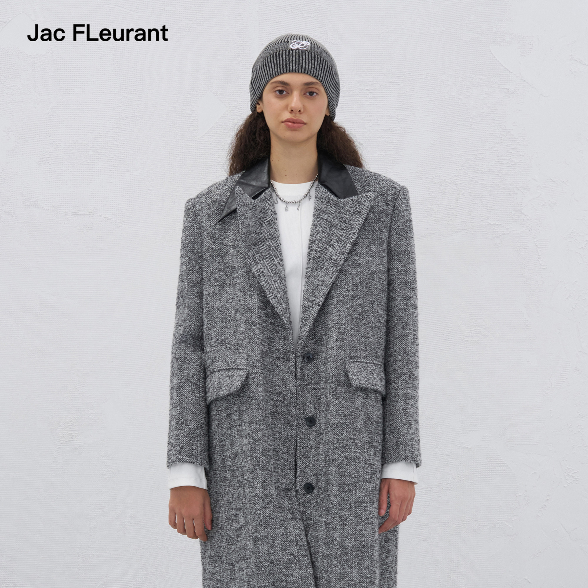 JAC FLEURANT秋冬新品拼接西装领长款羊毛呢子大衣时尚保暖