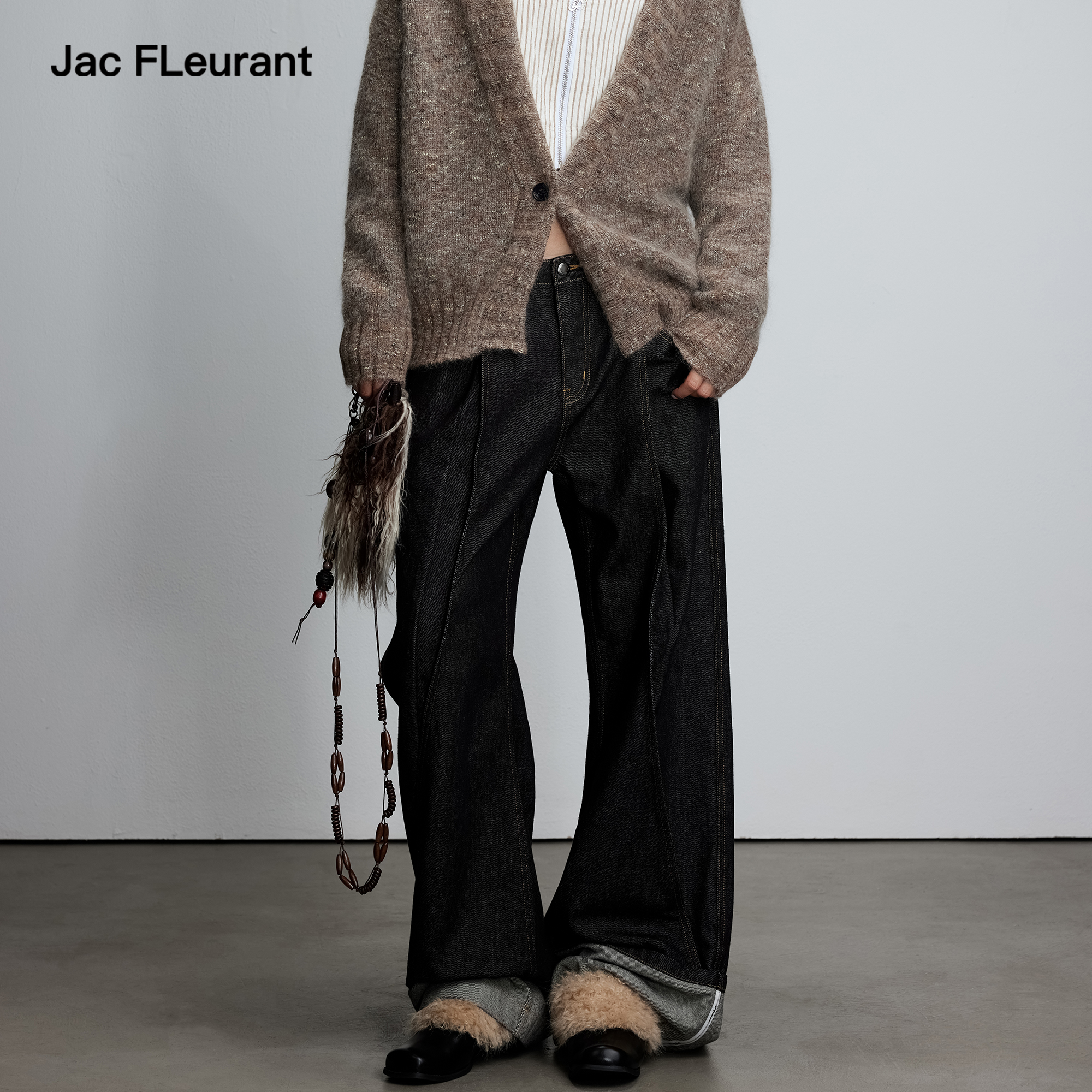 JAC FLEURANT2025秋冬新品翻边原色水洗阔腿牛仔裤简约休闲通勤