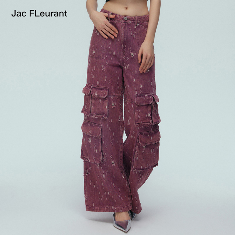 工装JacFLeurant破洞紫色牛仔裤
