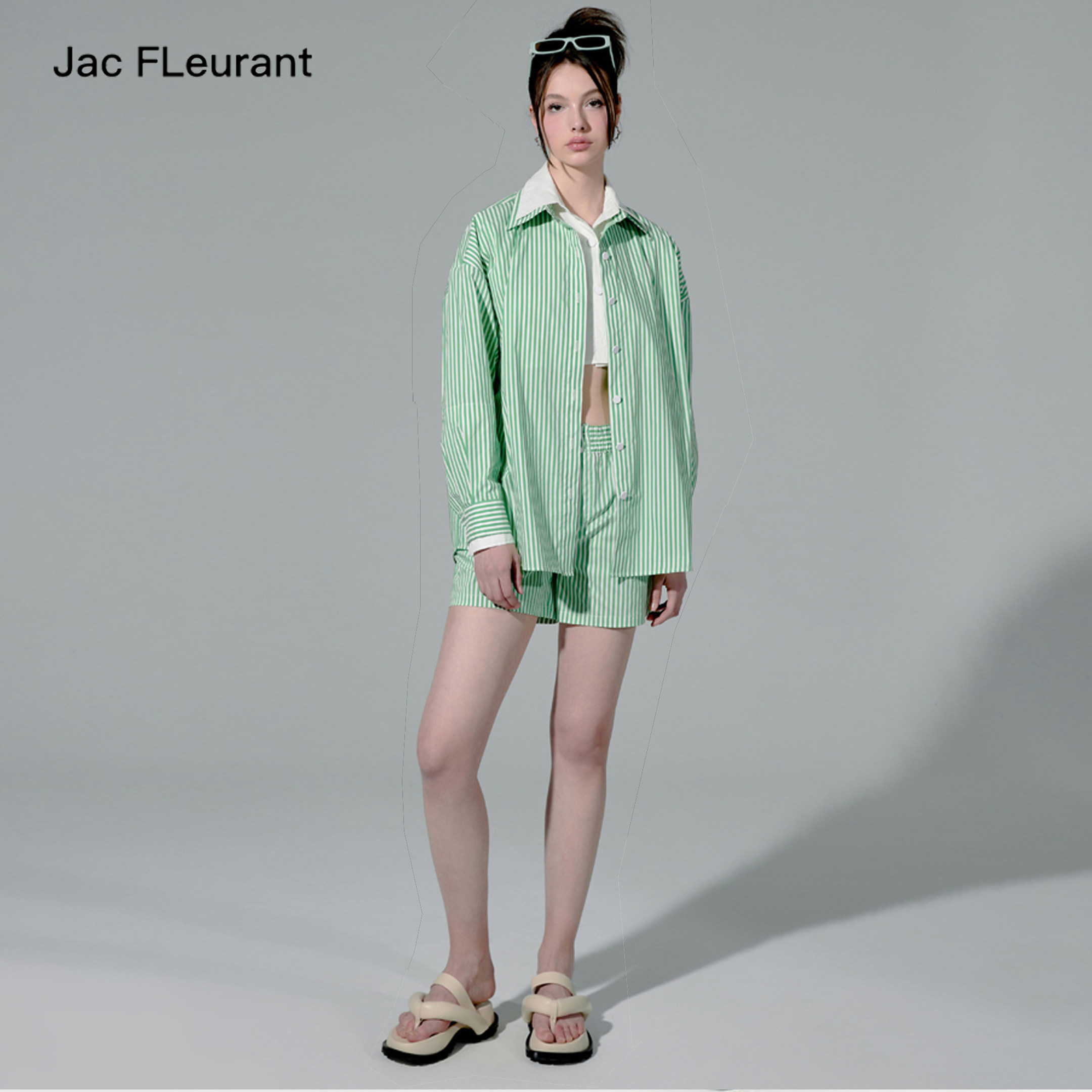 JAC FLEURANT条纹假两件抹胸衬衣上衣休闲短裤时尚套装女,女装/女士精品,衬衫,淘宝优惠券,粉丝福利购,淘宝优惠卷