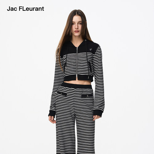 JAC FLEURANT秋季新品黑白条纹拼接拉链帽衫运动裤套装