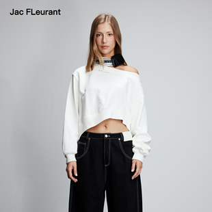 宽松纯棉卫衣 JAC FLEURANT2025秋冬新品 白色不规则露肩短款 时尚