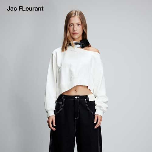 JAC FLEURANT【戚砚笛 胡意旋同款】新品白色露肩短款宽松卫衣