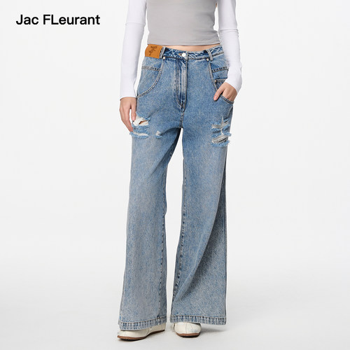JAC FLEURANT【李一桐同款】大口袋磨破阔腿牛仔裤时尚百搭长裤