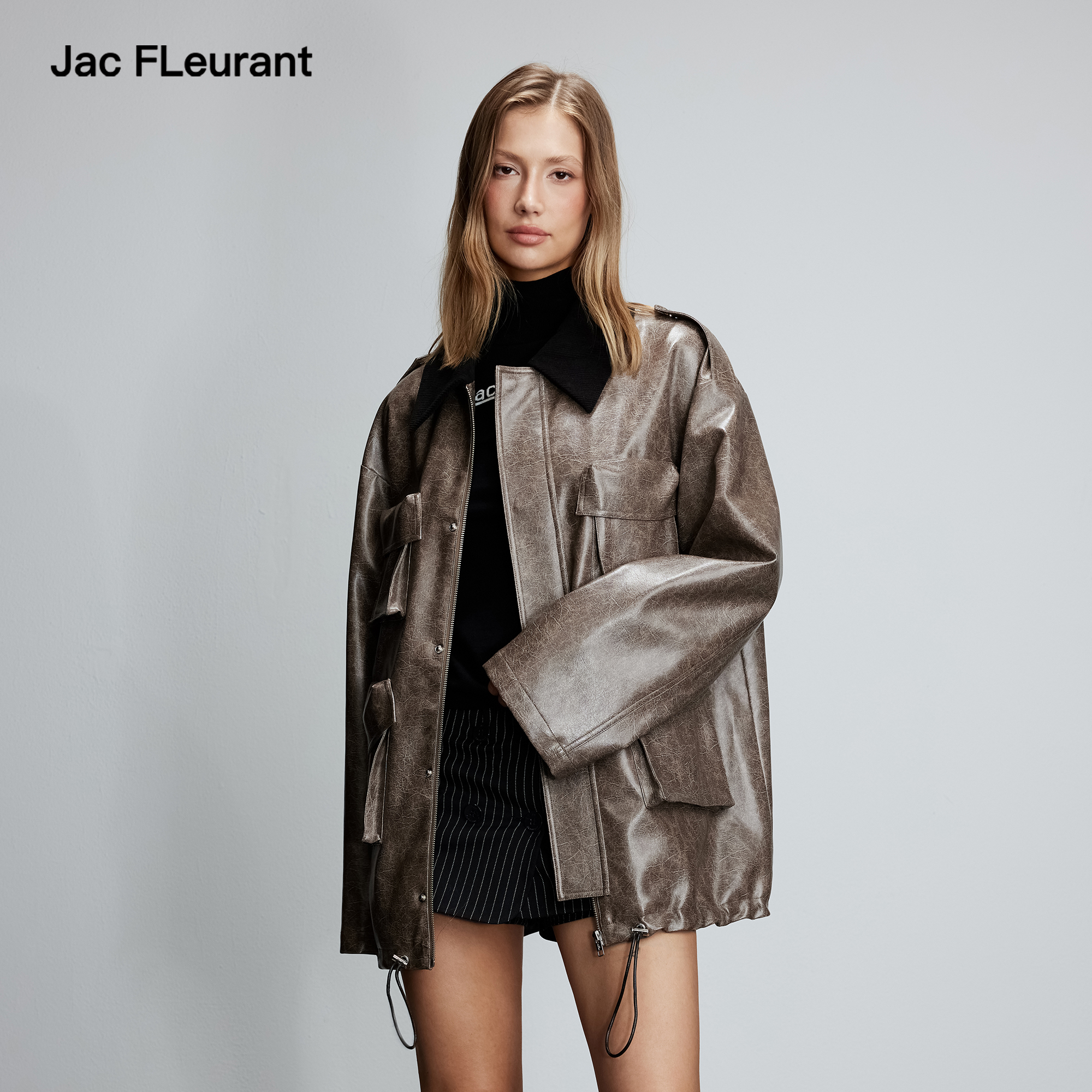 JAC FLEURANT2025秋冬新款棕色工装多口袋皮衣时尚复古外套女